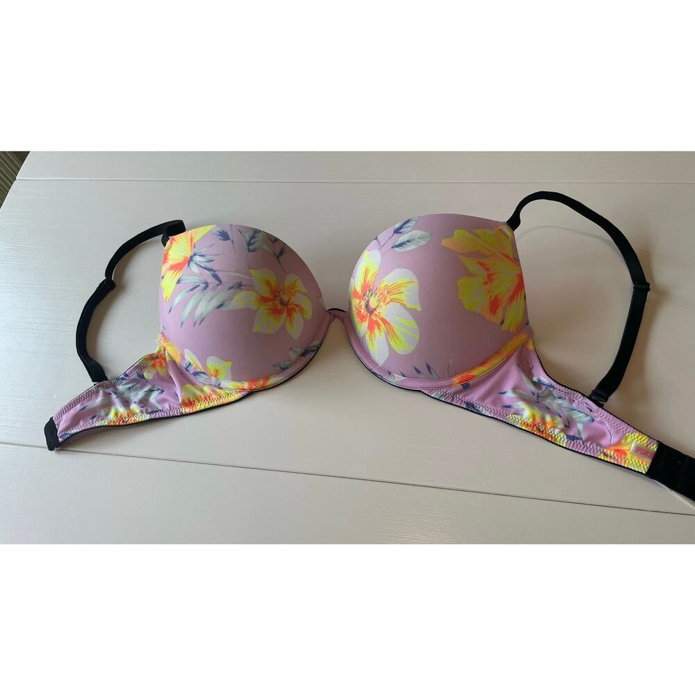 Victoria's Secret Pink Wear Everywhere Super Push-Up Bra Sz 32D EUC Pink Floral - Picture 4 of 6